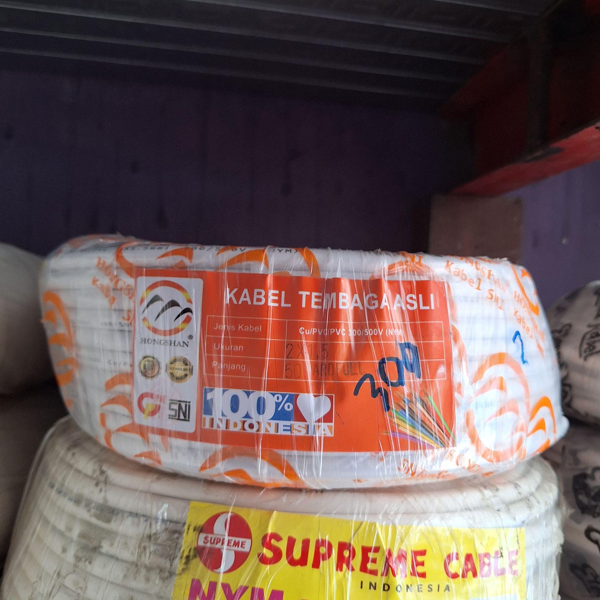 Kabel Listrik Hong Shan NYM 2x1.5 mm Kawat Tembaga Asli 50 Yard SNI Putih