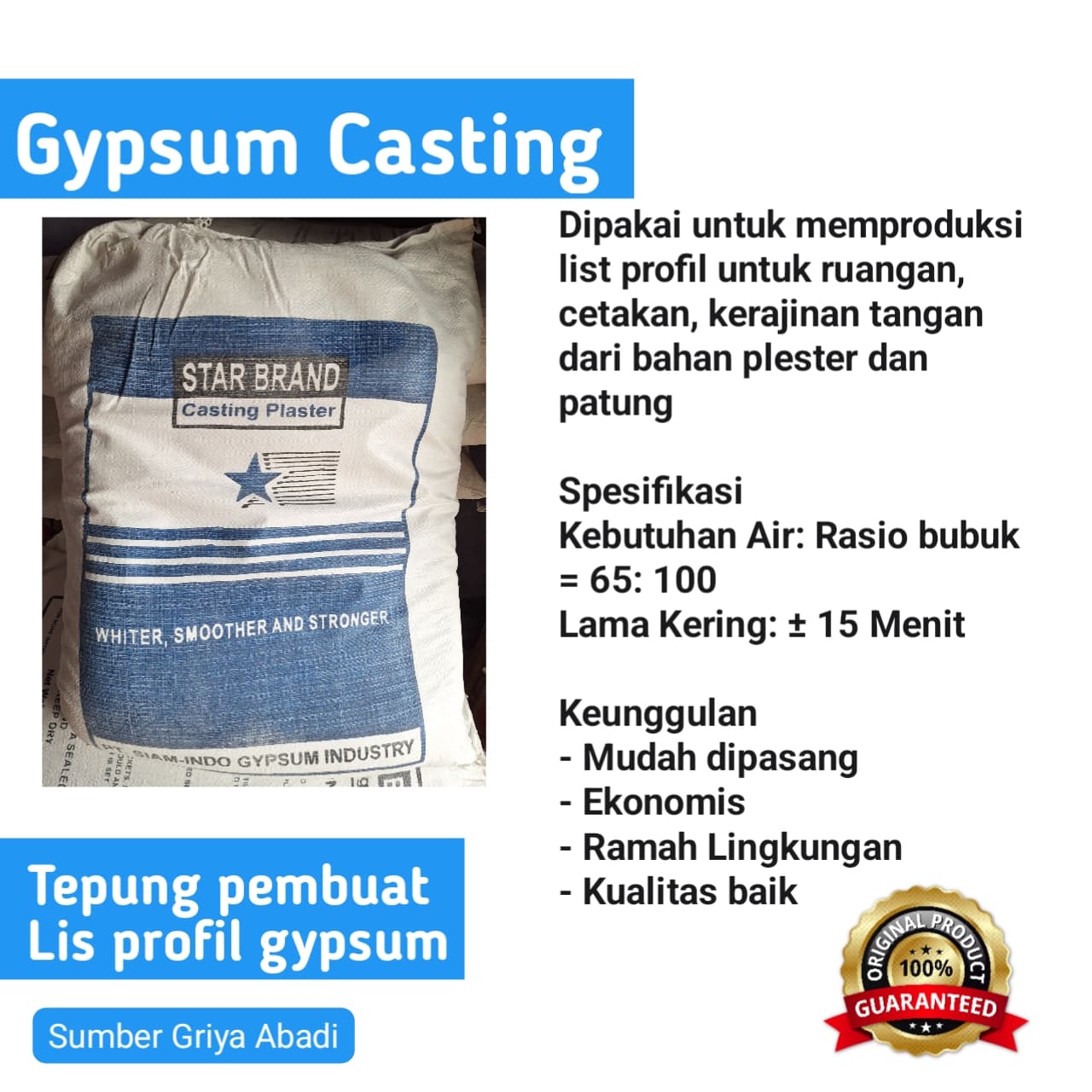 Casting gypsum STAR Brand - Semen putih gipsum - Tepung untuk Cetak Lis Plafon