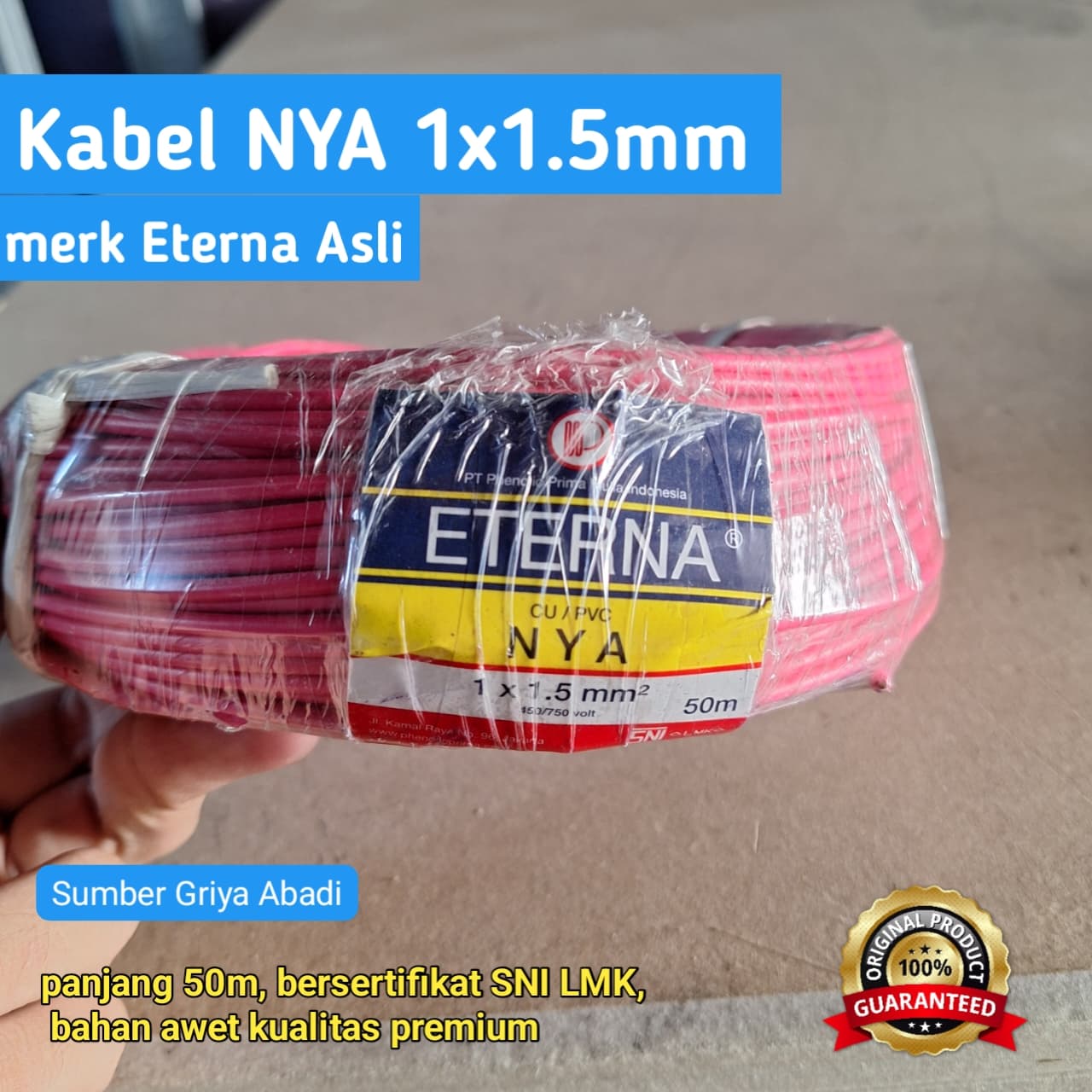 Kabel NYA Eterna Tembaga Tunggal 1.5mm 50 Meter - Kualitas SNI, 1 Roll